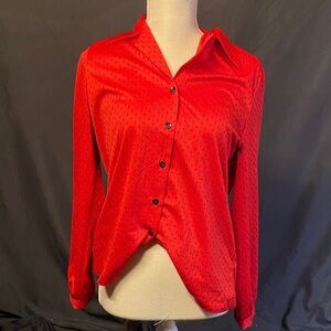 Women's Red Button-Down Long Sleeve Shirt with Subtle Dot Print